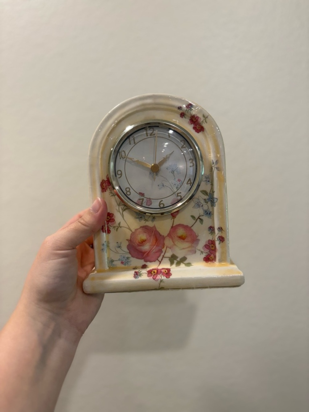 Floral Ceramic Mantel Clock in Cream and Pink